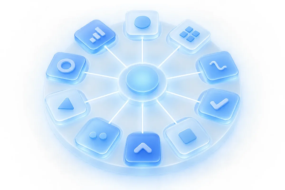 The same ten tiles docked neatly around one glowing glass hub.