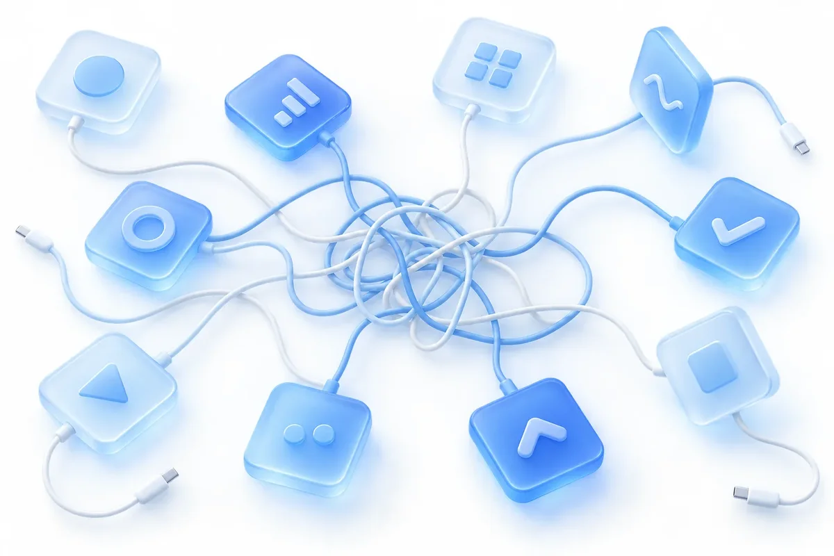 Ten glass app tiles tangled in loose cables.
